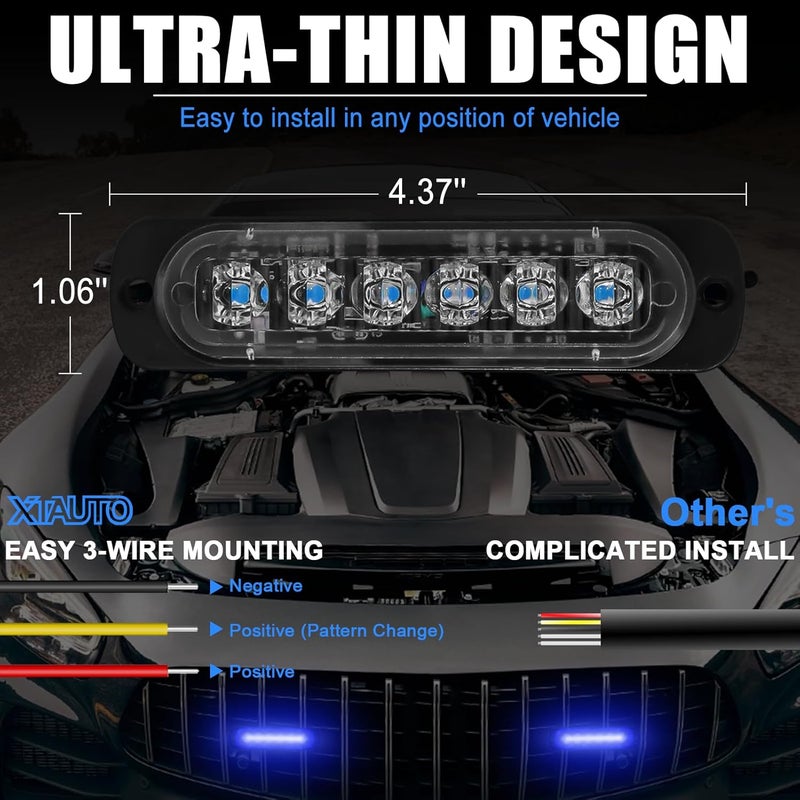 XTAUTO 10pcs LED Emergency Strobe Light, Blue 6-LED Ultra Slim Surface Mount Flashing Warning Beacon Hazard Construction Caution Grille Light Bar for Truck Car Off Road Vehicles - Image 5